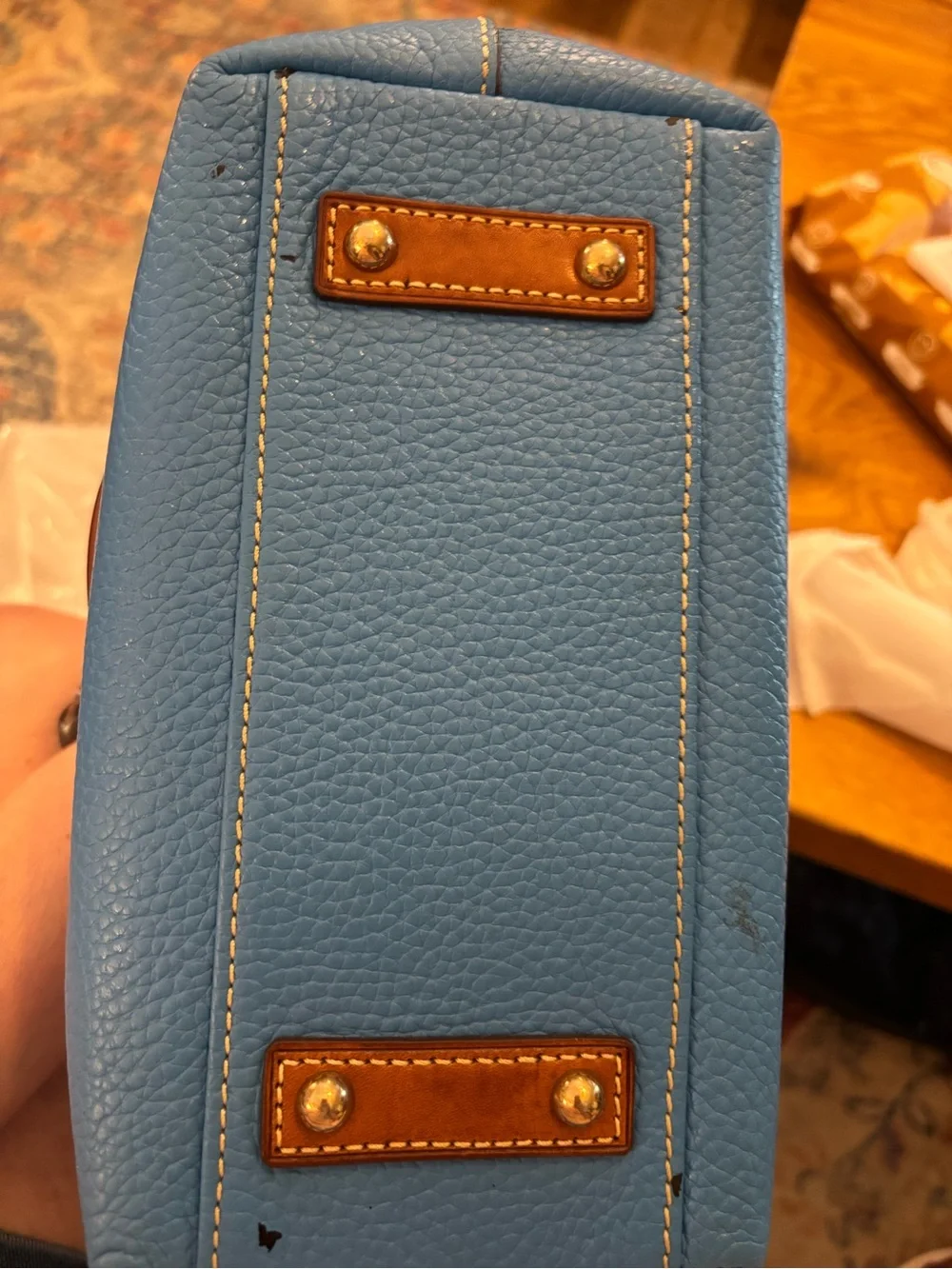 Dooney & Bourke Pebble Leather Satchel -Blue with  Brown Handles